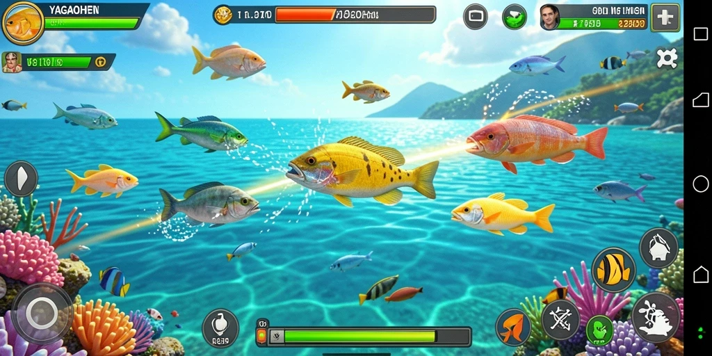 Tampilan gameplay YAGAOHEN dengan serunya menembak ikan berwarna-warni.